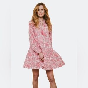 OPHELIA & INDIGO Chloe Dress Pink White Dianthus Floral Block Print Size Small